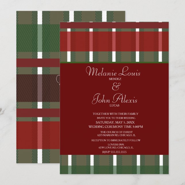 Invitation Mariage rayé vert bordeaux moderne et blanc (Devant / Derrière)