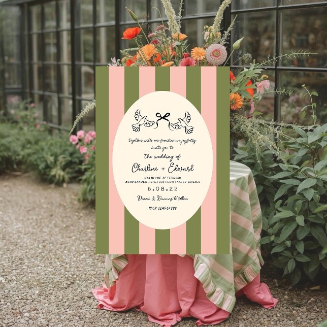 Invitation Mariage rayé vert rose dessiné à la main  (Créateur téléchargé)