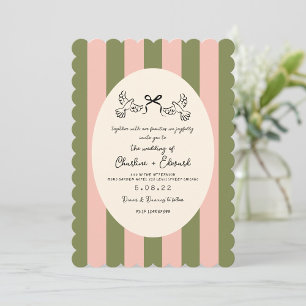 Invitation Mariage rayé vert rose dessiné à la main
