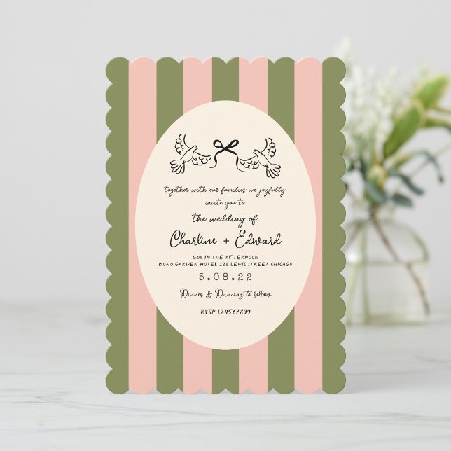 Invitation Mariage rayé vert rose dessiné à la main  (Créateur téléchargé)
