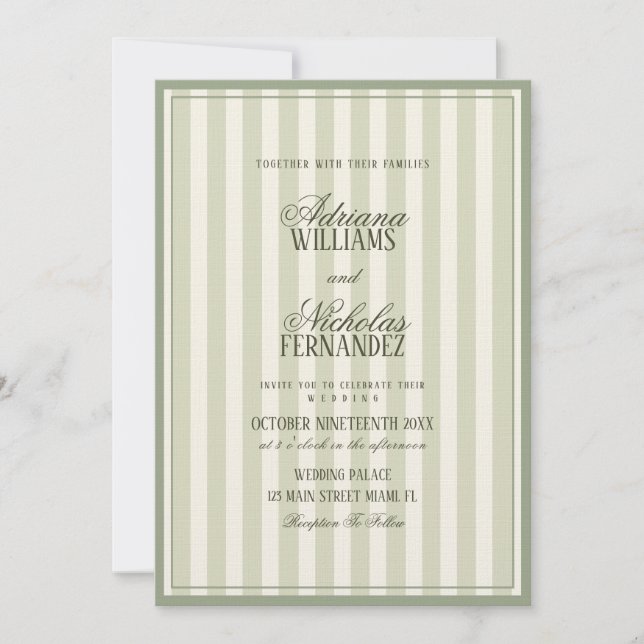 Invitation Mariage rayé vert sauge de luxe (Devant)