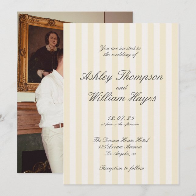 Invitation Mariage rayé Vintage jaune (Devant / Derrière)