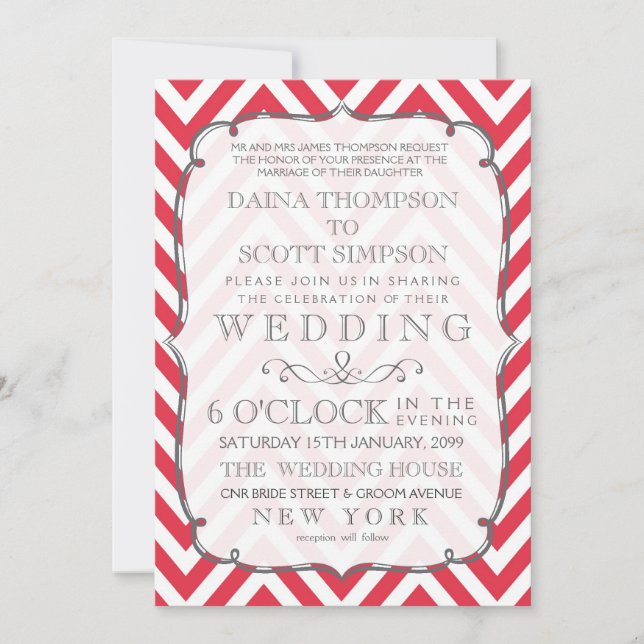 Invitation Mariage rayures Chevron Rouge Coquelicot & Blanc V (Devant)