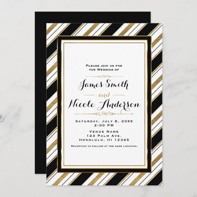 Invitation Mariage Rayures Chic Horizontales Noir Blanc & Or (Devant / Derrière)