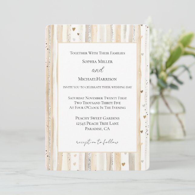 Invitation Mariage Rayures Cœurs Blanc Crème (Debout devant)