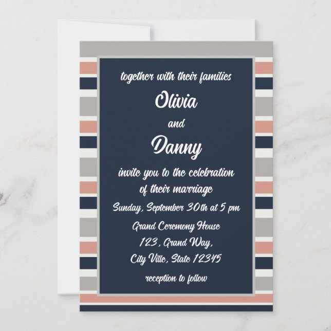 Invitation Mariage Rayures Côtières Gris Bleu Marine Rose (Devant)