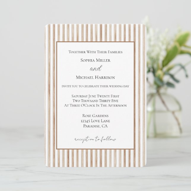 Invitation Mariage Rayures Crème Marron Cocoa (Debout devant)