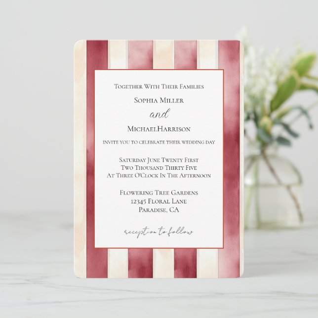 Invitation Mariage Rayures Crème Rouge Bourgogne (Debout devant)