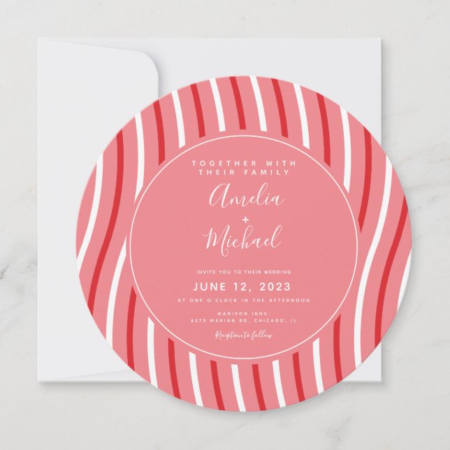 Invitation Mariage Rayures Menthe Noël Rose Rouge (Devant)