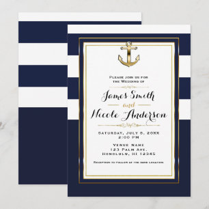 Invitation Mariage Rayures Nautiques Ancre Blanc & Or de la M