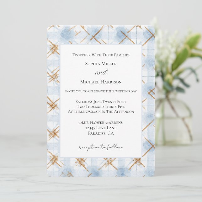 Invitation Mariage Rayures Or Bleu Blanc (Debout devant)