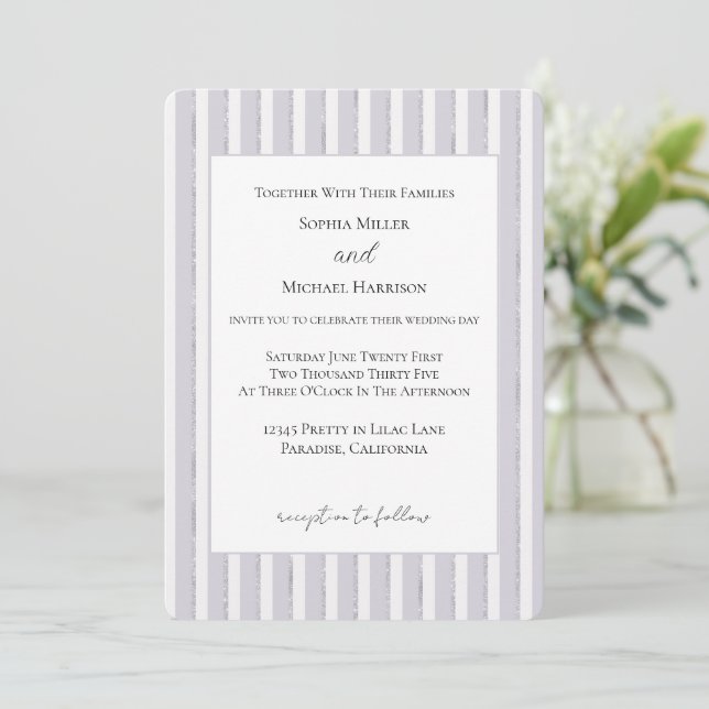 Invitation Mariage Rayures Pailletées Lila Violet (Debout devant)