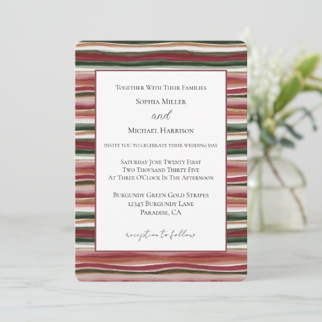 Invitation Mariage Rayures Rouge Blush Bourgogne Vert Or (Debout devant)