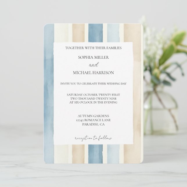 Invitation Mariage Rayures Sable Crème Ivoire Bleu Plage (Debout devant)