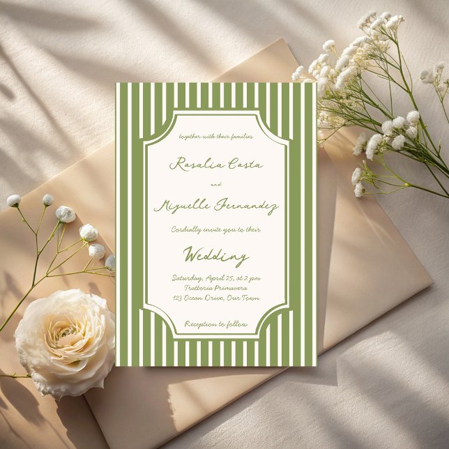 Invitation Mariage rayures vintage vert sauge (Sage green vintage stripes hand writing wedding invitation cards template elegant retro wedding card)