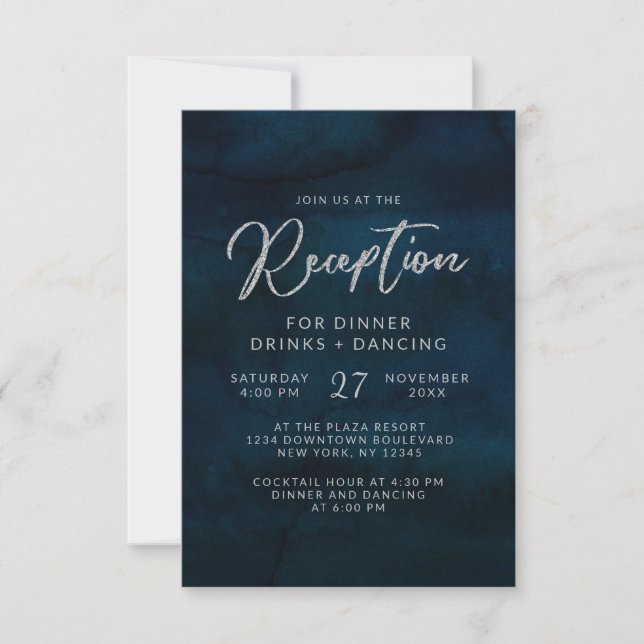 Invitation Mariage Réception Aquarelle Bleu Foncé Navy Luster (Devant)