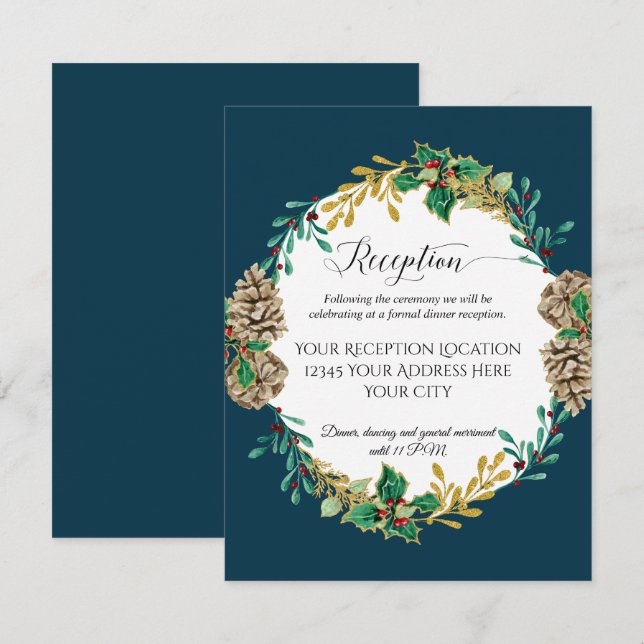 Invitation Mariage Réception de Noël Pins Dorés sur Fond Bleu (Devant / Derrière)
