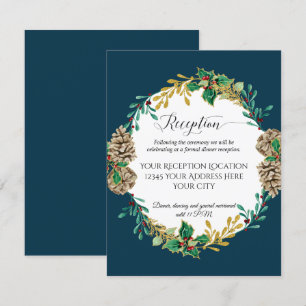Invitation Mariage Réception de Noël Pins Dorés sur Fond Bleu