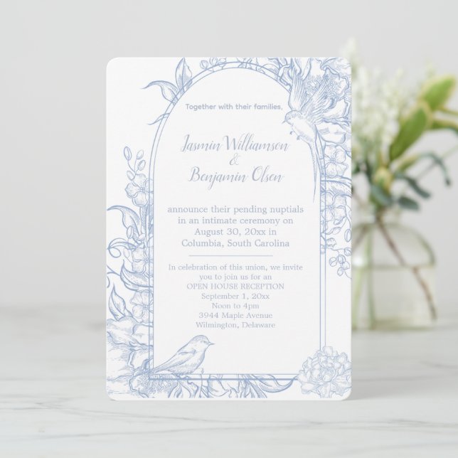 Invitation Mariage Réception Élégante Fleurie Bleue I (Debout devant)