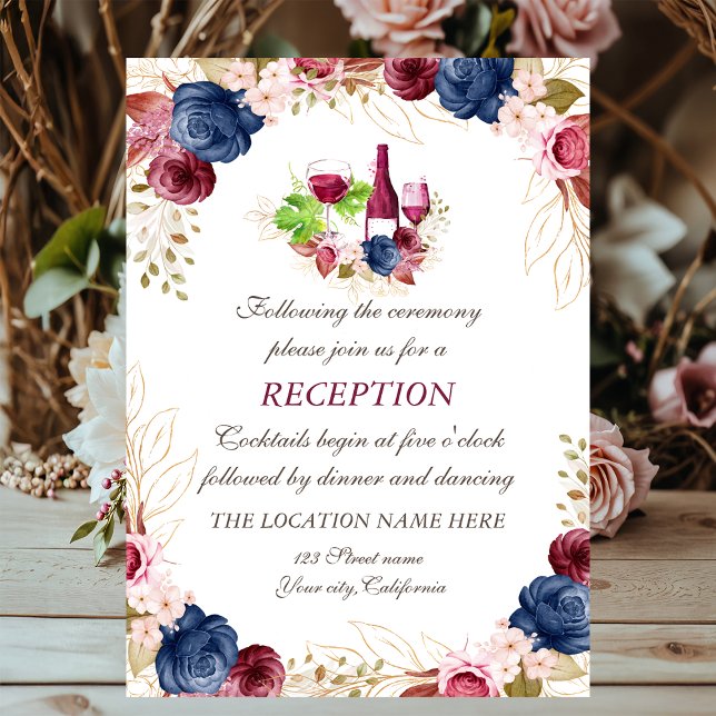 Invitation Mariage Réception Fleurie Bleu Nuit Wine Tasring (Créateur téléchargé)