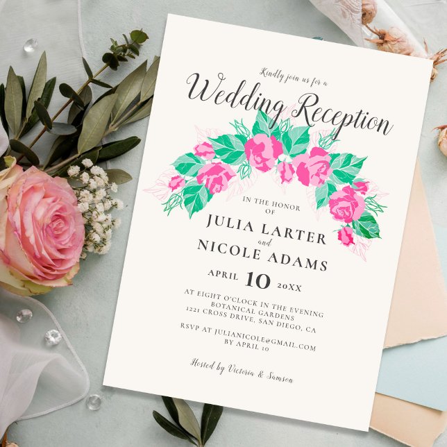 Invitation Mariage Réception Fleurs Rose Vert Jardin (Créateur téléchargé)