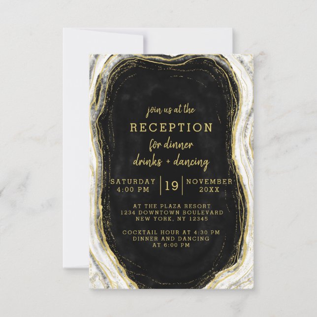 Invitation Mariage Réception Géode Agate Noir Blanc & Or (Devant)