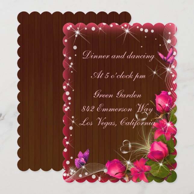 Invitation Mariage Réception Papillon Floral Bois Rustique Ro (Devant / Derrière)