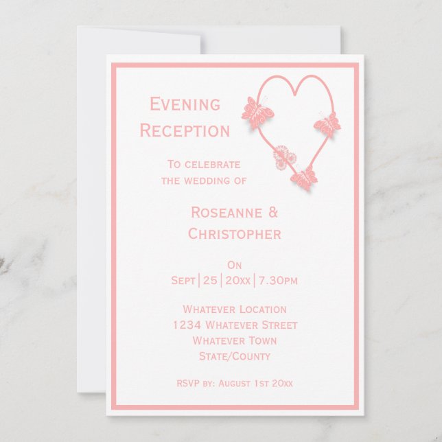 Invitation Mariage Réception Papillons Roses Cœur (Devant)