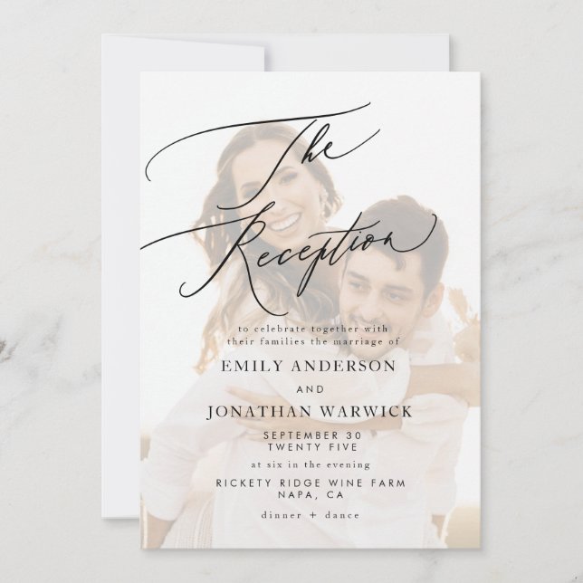 Invitation Mariage Réception Photo Calligraphie Blanc Noir (Devant)