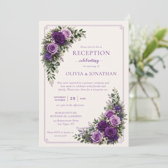 Invitation Mariage Réception Uniquement avec des Roses Violet (Debout devant)