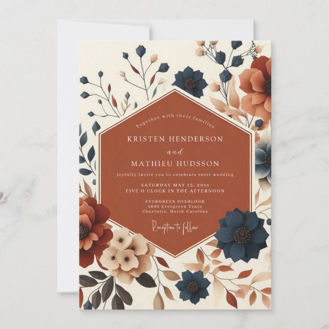 Invitation Mariage Récolte d'Automne Floral Rouille (Devant)