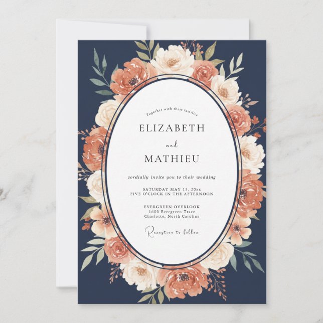 Invitation Mariage Récolte Raffiné Bleu Marine (Devant)