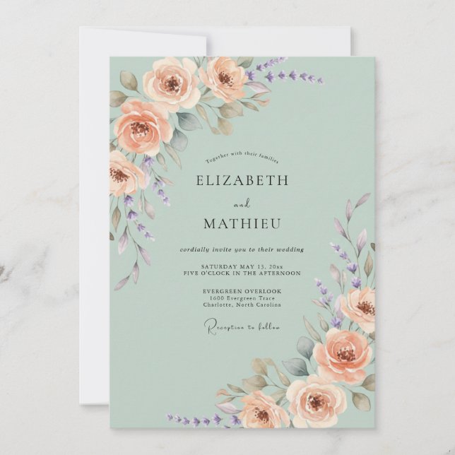 Invitation Mariage Régence Rose Vert Sauge (Devant)