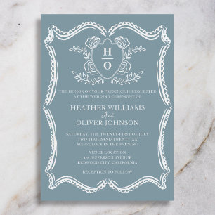 Invitation Mariage Régence Vintage Crest Floral Bleu Poussiér