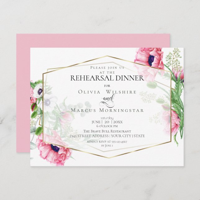Invitation MARIAGE REHEARSAL | Pavois rose Aquarelle Floral (Devant / Derrière)