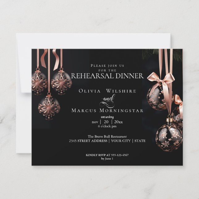 Invitation MARIAGE REHEARSAL | Winter Pink et Onyx Baubles (Devant)