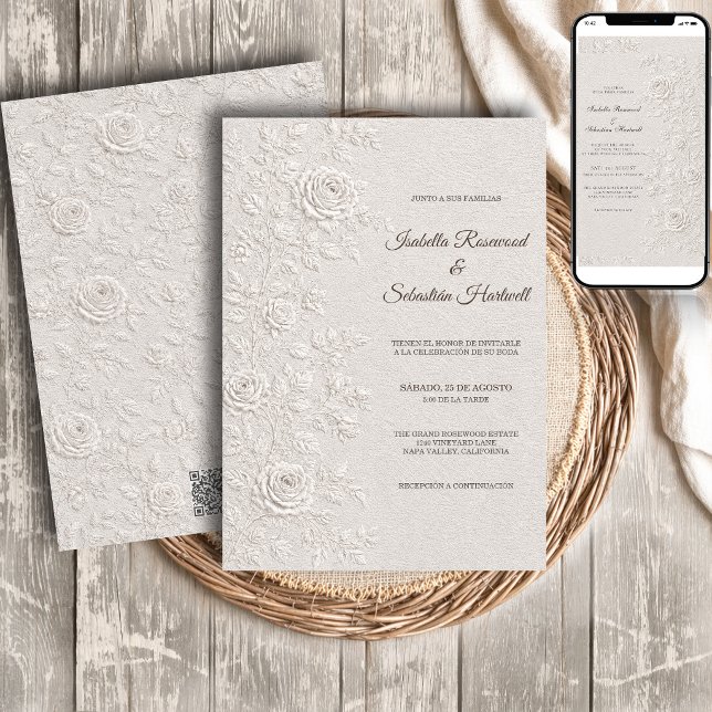 Invitation Mariage Relief Ivoire Roses Code QR (Créateur téléchargé)