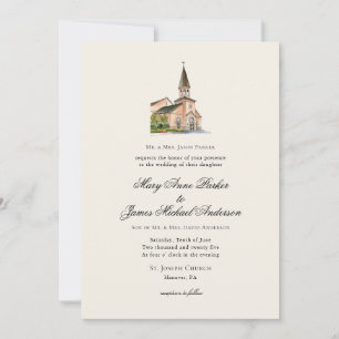 Invitation Mariage religieux vintage d'église en écru
