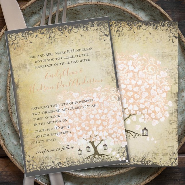 Invitation Mariage Renaissance Médiéval Corail Cœur Feuille A (Créateur téléchargé)