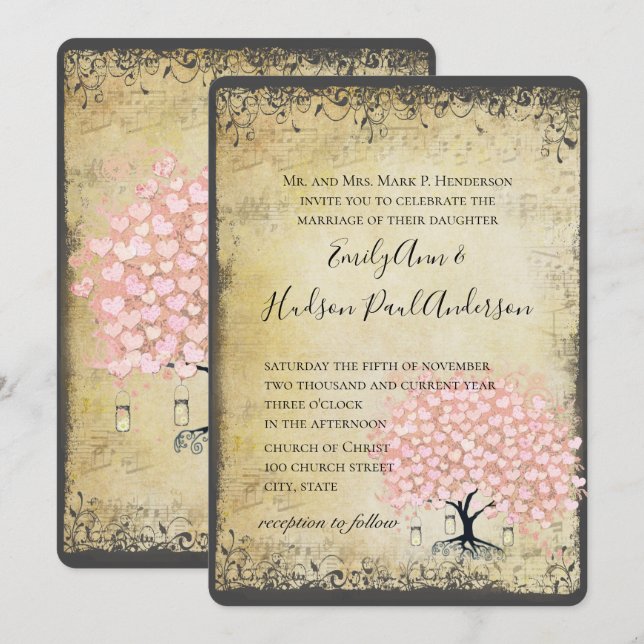 Invitation Mariage Renaissance Médiéval Rose Cœur Feuille Arb (Devant / Derrière)