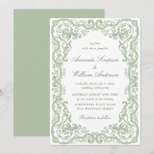 Invitation Mariage Renaissance Orné Floral Vert Sauge