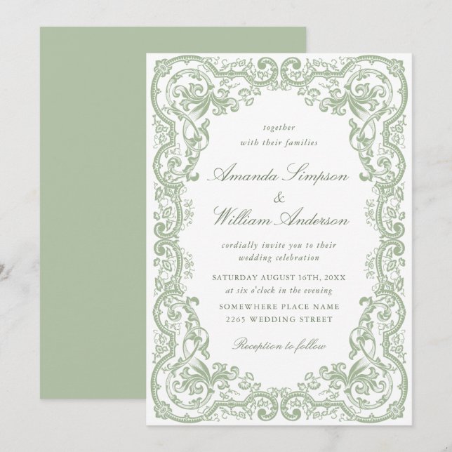 Invitation Mariage Renaissance Orné Floral Vert Sauge (Devant / Derrière)