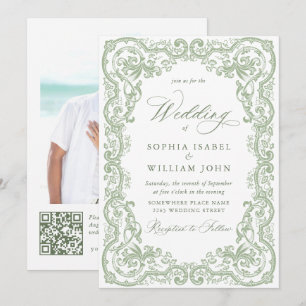 Invitation Mariage Renaissance Orné Floral Vert Sauge