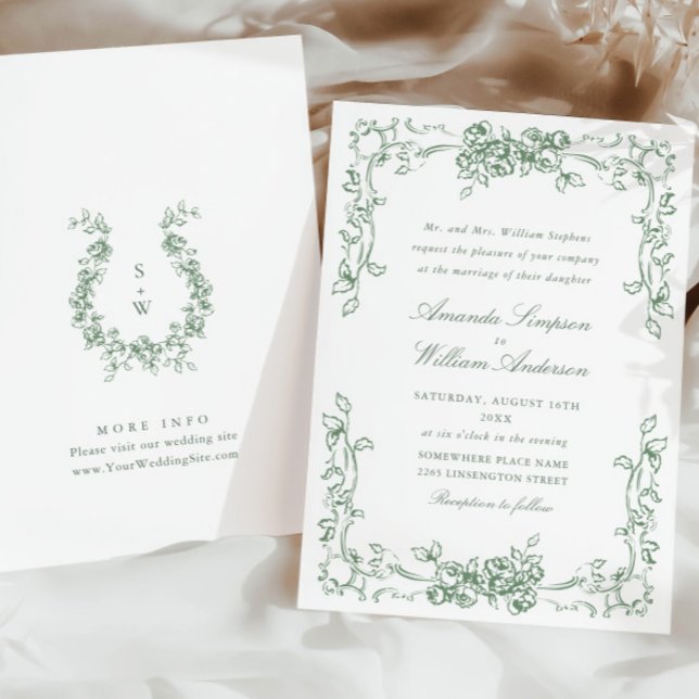Invitation Mariage Renaissance Orné Floral Vert Sauge (Créateur téléchargé)