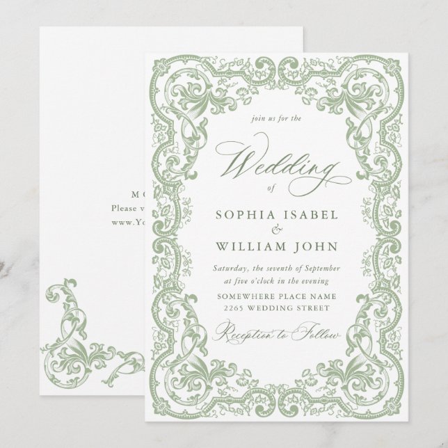 Invitation Mariage Renaissance Orné Floral Vert Sauge (Devant / Derrière)