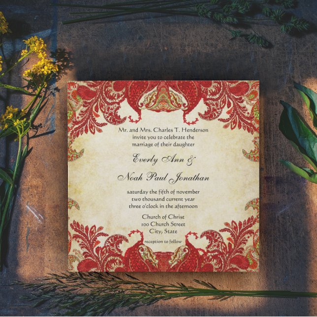 Invitation Mariage Renaissance Paon Paisley Rouge et Or (Créateur téléchargé)