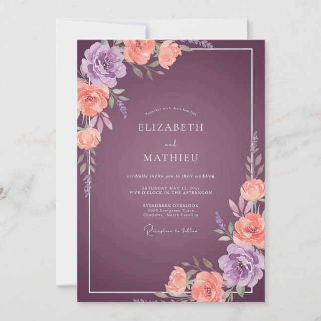 Invitation Mariage Renoncule Corail Prune Sauge (Devant)