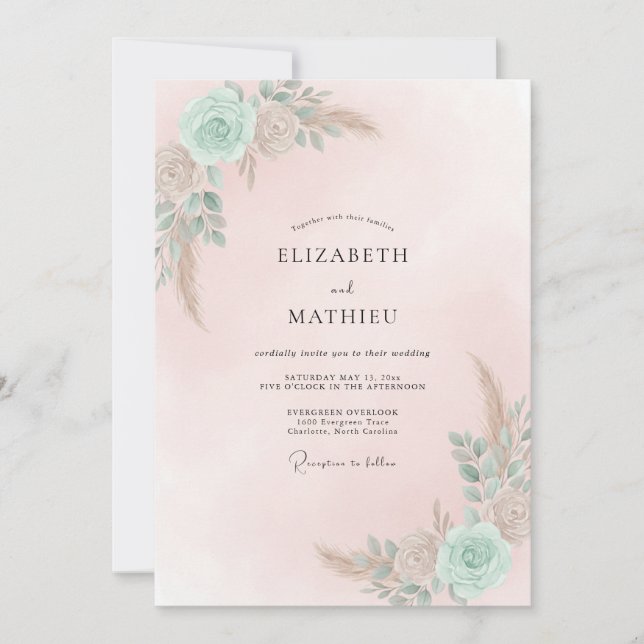 Invitation Mariage Renoncule de mer pêche Sauge (Devant)