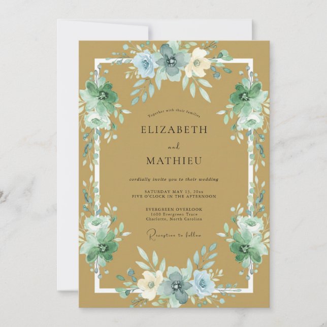 Invitation Mariage Renoncule Eucalyptus Azur Doré (Devant)