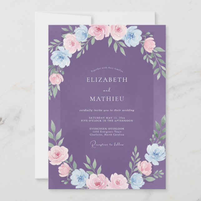 Invitation Mariage Renoncule Eucalyptus Azuré Pourpre (Devant)